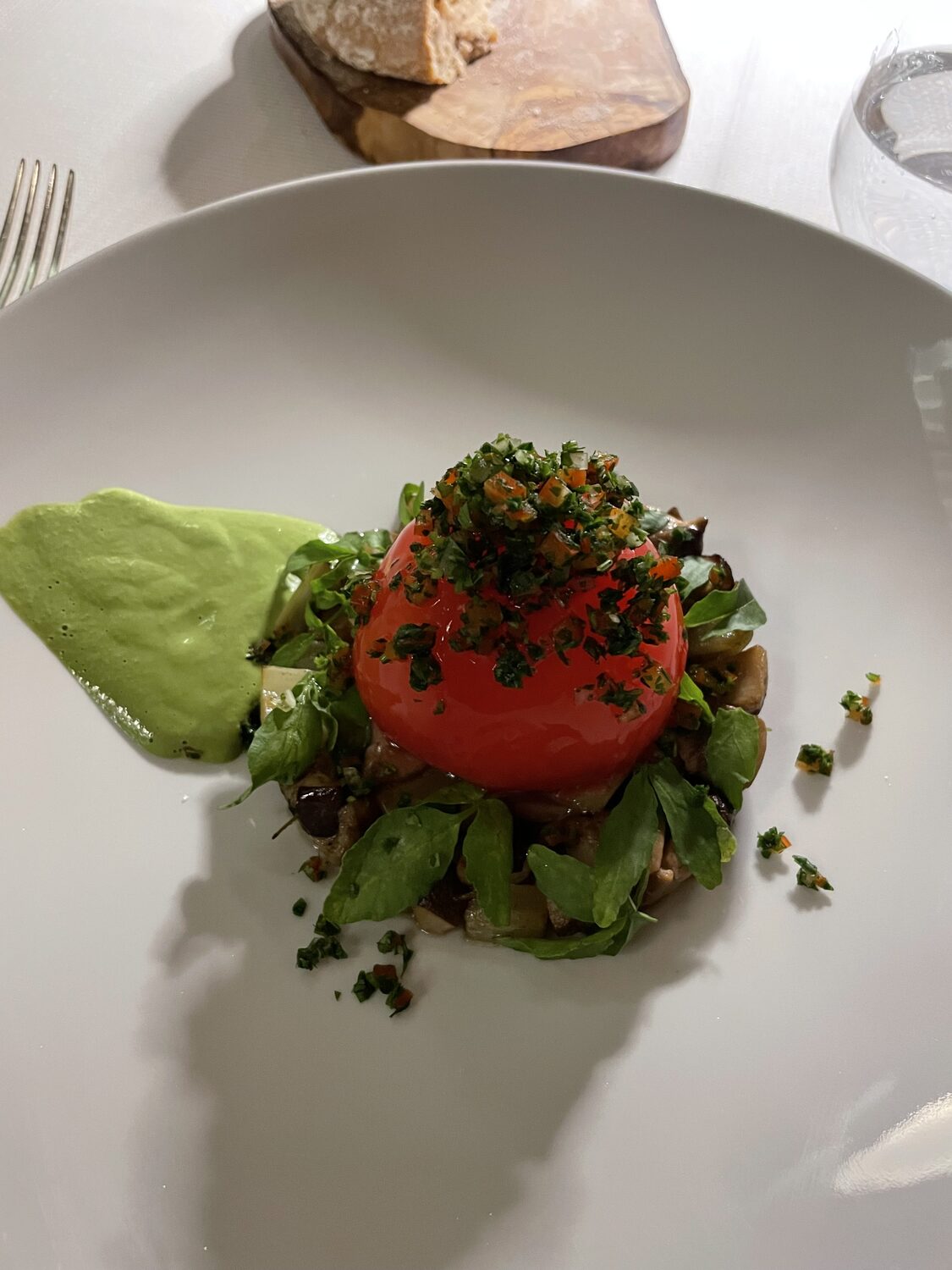 Un pomodoro lucido con erbe tritate su un letto di verdure