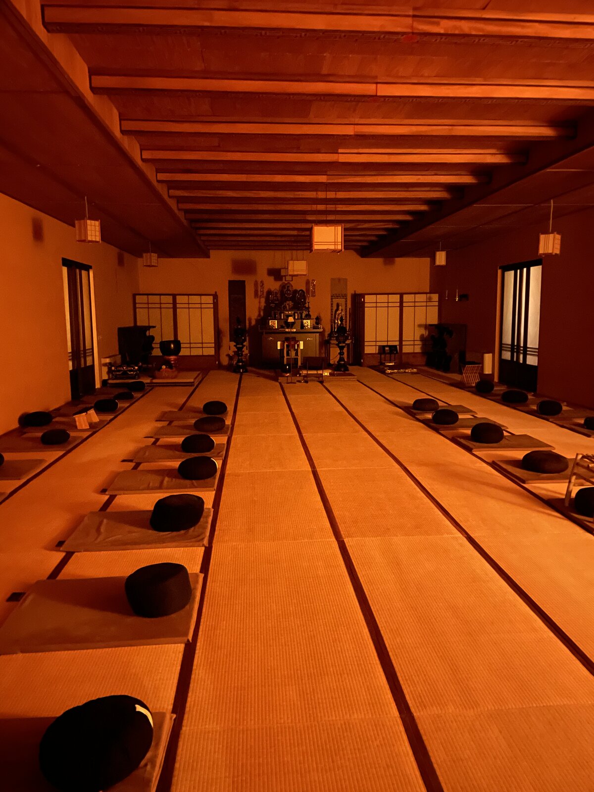 La sala di meditazione, con i tatami e gli zafu